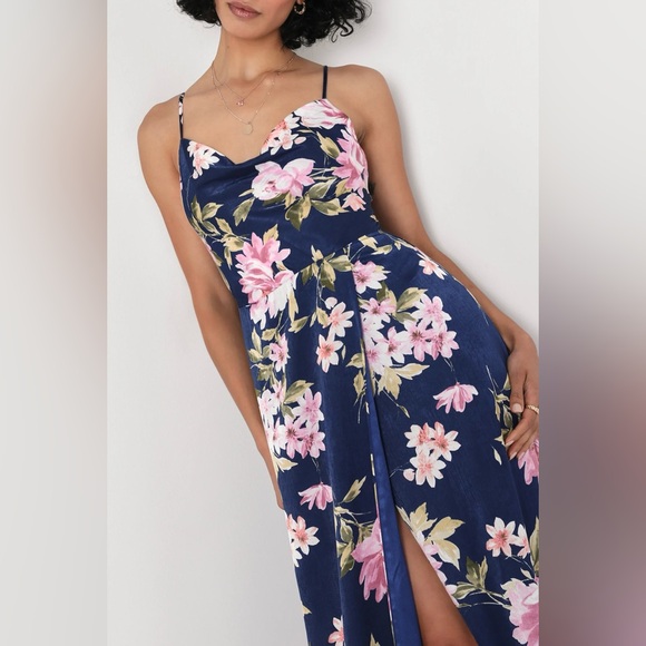 Lulus Love of Romance Navy Floral Print Satin Cowl Neck Maxi Dress - Picture 2 of 3